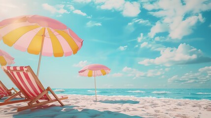 A cartoon image of a sunny beach with beach chairs and pink and yellow striped umbrellas.