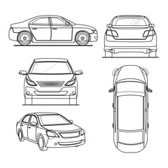 Obraz premium car in different view. Side view, front view, back view, top view. line art