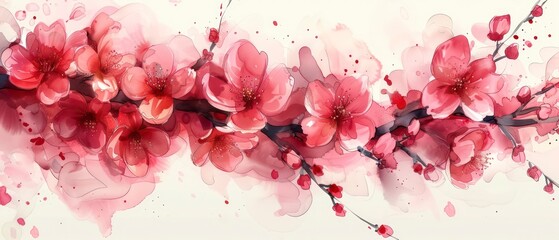 Traditional Japanese ink wash painting showing pink flowers in bloom, evoking the beauty of spring and natural floral elegance.