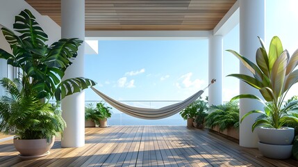 A serene balcony space featuring a single hammock strung between two white pillars, flanked by lush greenery in sleek, modern planters on the right side, clear blue skies.