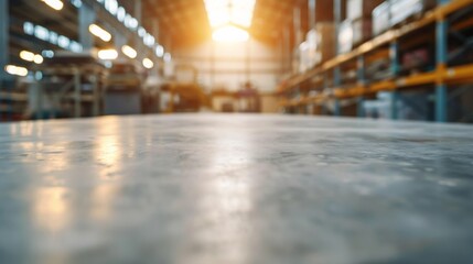 Fototapeta premium Industrial warehouse interior with concrete floor, illuminated by sunlight, featuring shelves and racks loaded with various items.