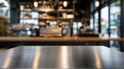 Obraz premium Modern cafe interior with a sleek countertop, blurred background featuring warm lighting, shelves, and a cozy atmosphere.