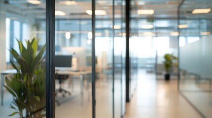 Modern open-plan office space with glass partitions, natural light, and minimalist decor. Ideal for business, productivity, and corporate settings.