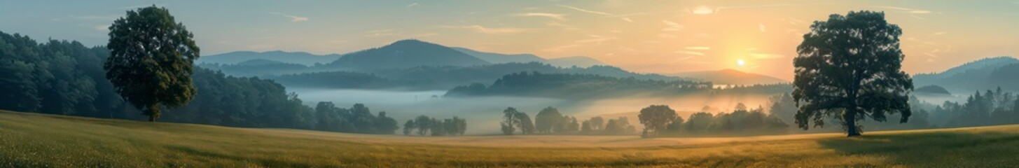 A panoramic of a forest and mountain landscape, capturing the essence of nature with green grass and trees, showcasing serene natural beauty.