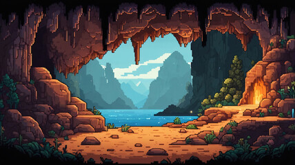 Pixel art game level design background, underground cave with stalactites and stalagmites