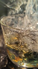 Clear water splashes dramatically from a large, beautiful glass, emphasizing freshness and purity in a visually appealing moment.