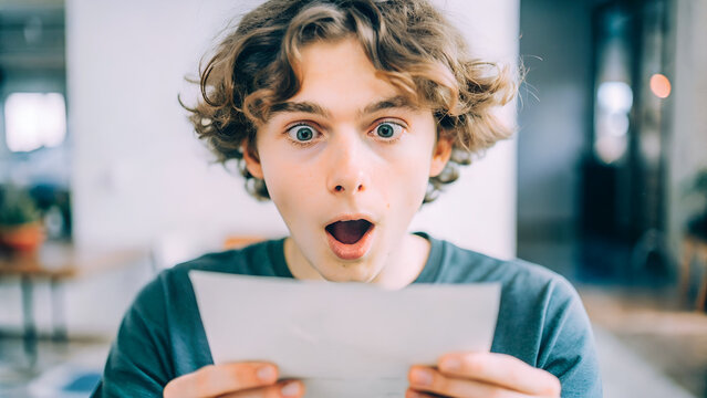 Estudiante conmocionado por una carta. Adolescente con la boca abierta tras ver resultados. Chico rubio adolescente sorprendido por las notas.
