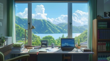 work/study space overlooking the beautiful lake and mountains creates a comfortable and calm atmosphere, making the mind more relaxed and focused when working