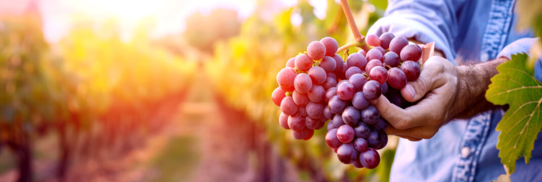 A winemaker smiles as he touches a bunch of grapes. AI generative.