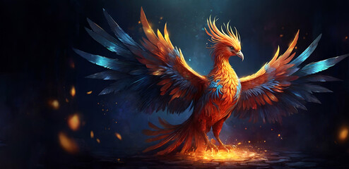 Obraz premium painting style illustration, beautiful elegance phoenix bird spreading wing , Generative Ai