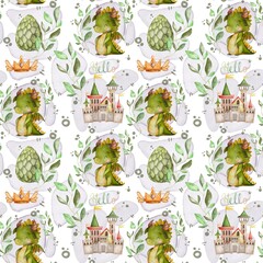 Seamless pattern on the theme of the Middle Ages with a dragon and a castle