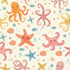 Playful Underwater Friends - Adorable Starfish and Octopuses Seamless Pattern
