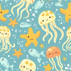 Playful Jellyfish and Starfish Pattern with Vibrant Colors for Kids' Decor - Underwater Animal Repeat Print Concept
