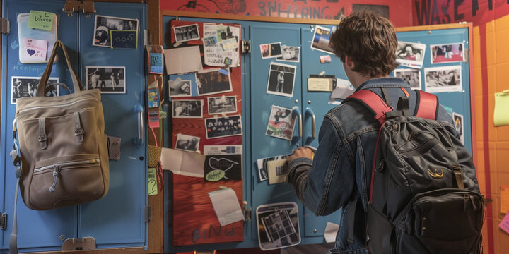 Back to school concept. Young man pulls books from his personalized locker and tidies up his backpack for a day of classes.