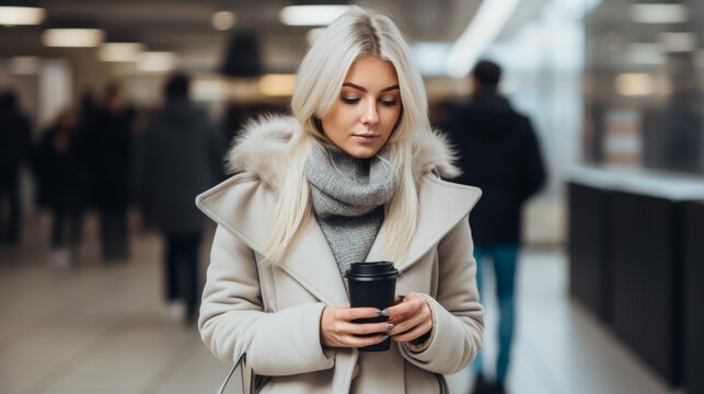 Young woman with takeout coffee and cellphone standing at bus stop for transportation
