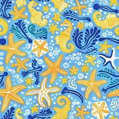 Joyful Starfish and Seahorses Pattern - Playful Underwater Design with Cute Marine Creatures for Kids' Decor and Summer Themes