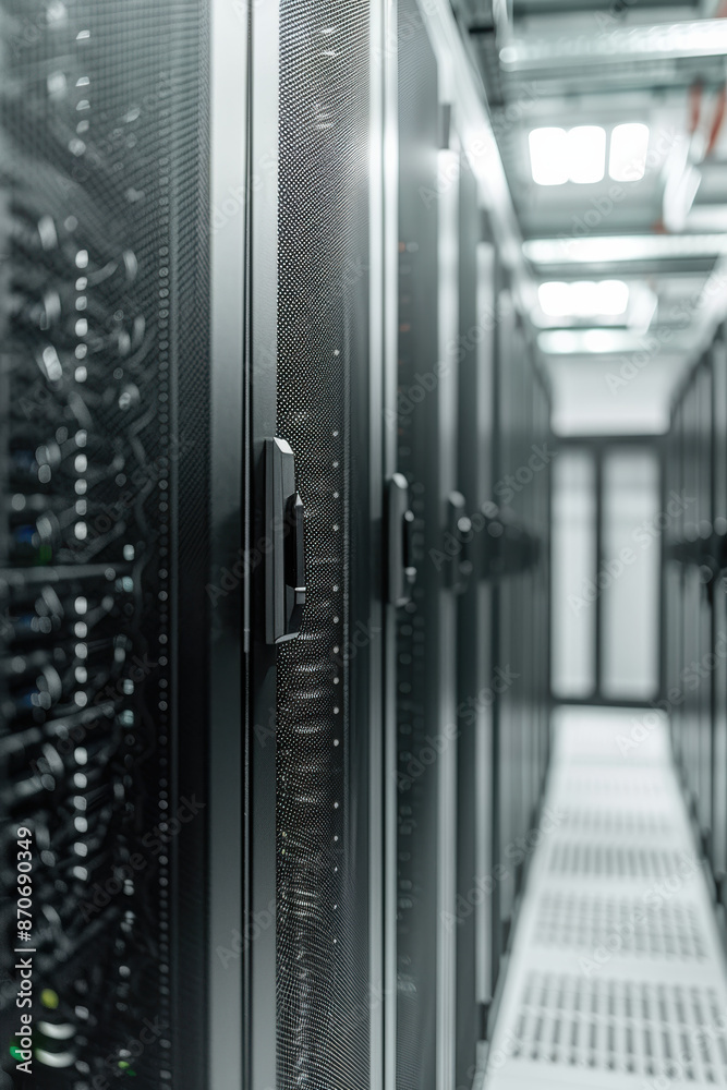 Poster modern, sleek server racks in a high-tech data center, showcasing cutting-edge technology and infras