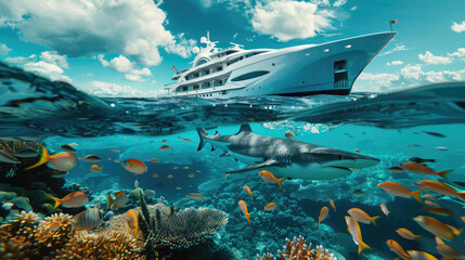 a white ship in the ocean with fish and sharks swimming around it