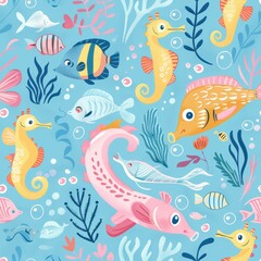 Playful Underwater World - Seamless Pattern with Whimsical Fish and Seahorses in Cute Cartoon Style