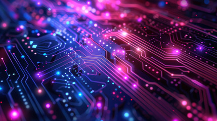 A vibrant, close-up illustration of a circuit board with glowing, multicolored lights. Perfect for technology, innovation, and digital themes.