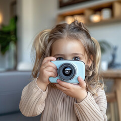 a little girl with a toy camera takes a picture. ai generated