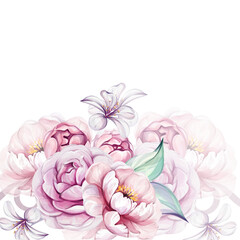 Watercolor board, template - bloom bouquet roses, peonies. Romantic springtime flower with leaves, vintage style. For design, logo, postcards, wedding, textile, greeting cards