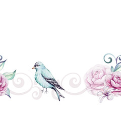 Watercolor seamless border, pattern - blue victorian beard, springtime composition, pink roses, peony, brunch and leaves. Romantic flowers . For greeting cards, wedding, fabric, printing