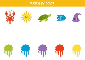 Color matching game for preschool kids. Match colorful items and blobs of paint by colors.