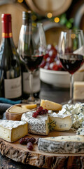 Naklejka premium Wine bottles and wine glasses on the table and a cheese platter. AI generative.