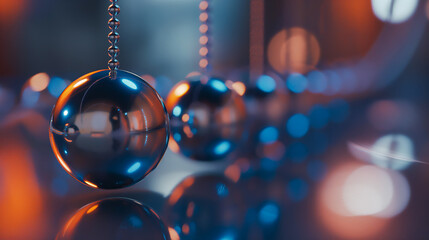 Intricate view of impending impact in a Newton's Cradle, captured with a motion blur effect.
