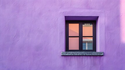 Fototapeta premium A sleek, black window frame contrasts strikingly with a soft lavender-colored wall, offering a modern and elegant aesthetic.