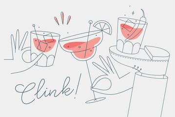 Cocktail glasses cheers for whiskey, vermouth, gin, martini, aperol, margarita in modern flat line style on light background