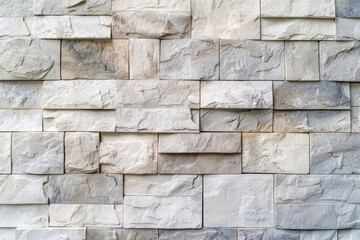 Fototapeta premium Close-up of a textured stone wall with layered rectangular blocks in various shades of gray and white, showcasing natural patterns and details.