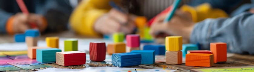 Colorful wooden blocks on a table, with a blurred background of children playing.