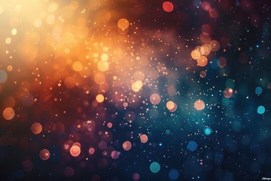 Abstract bokeh background with warm and cool tones, featuring soft glowing circles that create a dreamy, festive atmosphere.
