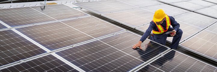 An engineer stands on a modern rooftop, inspecting an array of solar panels. The setting sun casts...