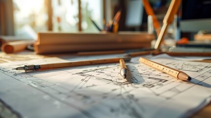 pencils and blueprint of an architectural design, showcasing construction plans and engineering concepts