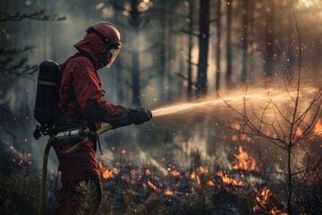 Naklejka premium extinguishing forest fires, firefighter, environmental disaster, wildfire