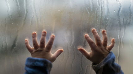 A rainy day unfolds as a child artfully patterns the foggy glass with delicate hands.