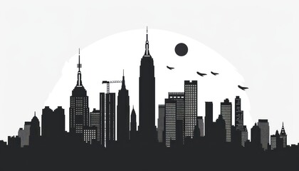 Fototapeta premium Urban skyline with tall buildings and towers against a gradient sky in vector format