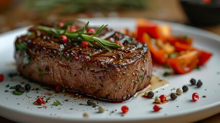succulent beef steak sizzling on a hot plate, paired with a fresh garden salad and juicy tomatoes, perfect for a hearty lunch