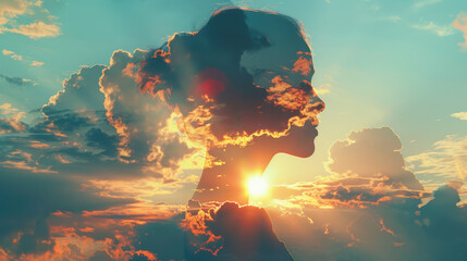 Double exposure portrait of a thoughtful woman blended with a vibrant sunset sky filled with clouds, symbolizing dreams and aspirations.