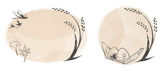 稲、とんぼ、紅葉、おにぎり、水彩の円形フレームのセット © 20