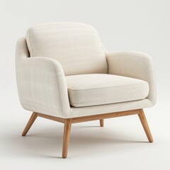 The modern armchair with a simple white fabric seat and light wood legs, isolated white background.
