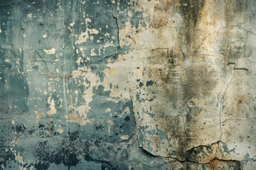 Obraz premium Aged and weathered wall texture with peeling paint, cracks, and discoloration, showcasing a rustic and vintage look perfect for backgrounds or design projects.