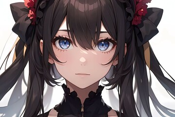 Anime Girl with Blue Eyes and Floral Hair Accessories
