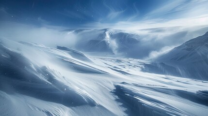 Obraz premium A severe blizzard blanketing a mountainous region with deep snowdrifts and icy conditions.