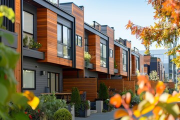 Discover the allure of modern living with a row of stylish townhouses featuring wooden cladding, showcasing innovative residential architecture.