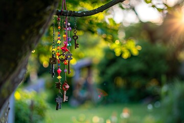 A vibrant outdoor scene with a wind chime made from old keys and colorful beads hanging from a tree branch.