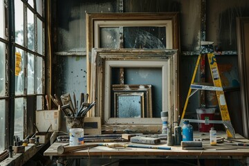A rustic workspace with a recycled wood picture frame project in progress, surrounded by tools and paint